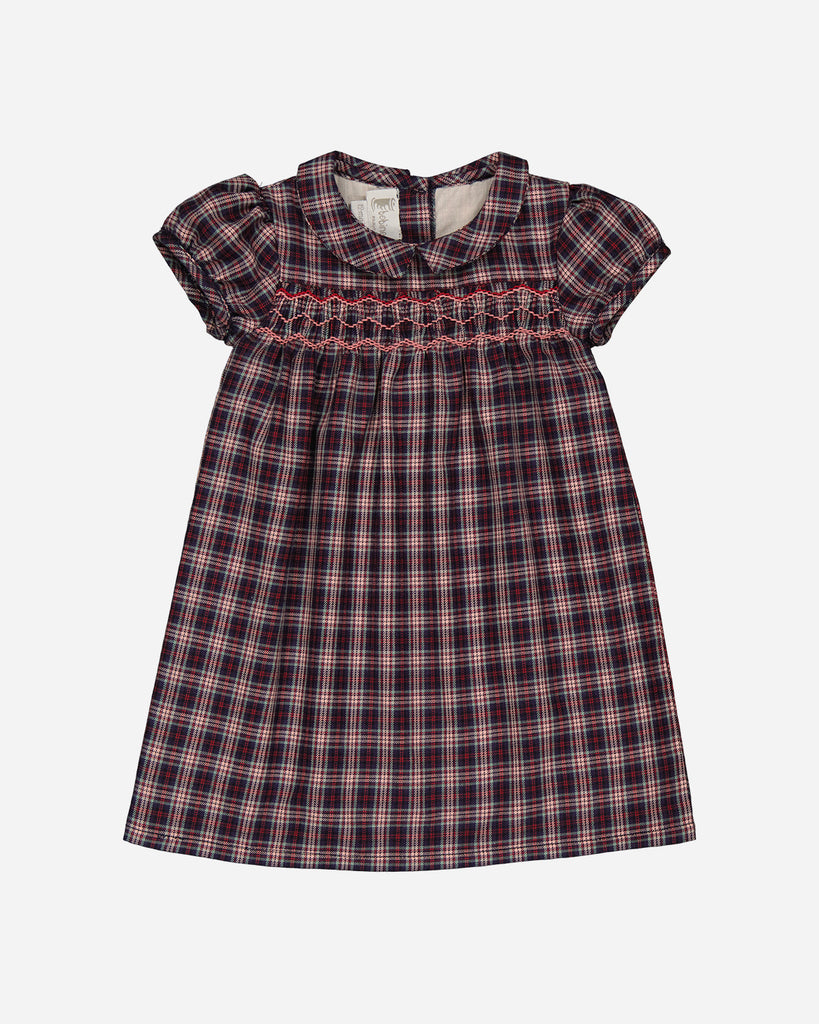 Robe pour bébé smockée à carreaux bordeaux et rose clair de la marque Bobine Paris.