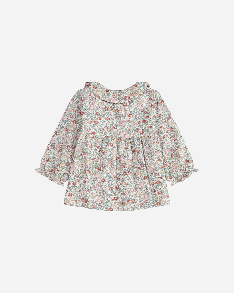 Blouse Ava fleurs émeraude et rose avec un col claudine vue de dos.