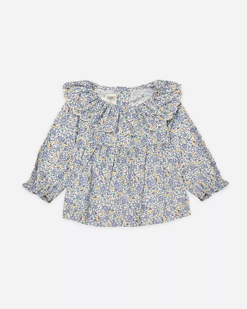 Blouse pour bébé fille à col volanté et fleurs fleues de la marque Bobine paris.