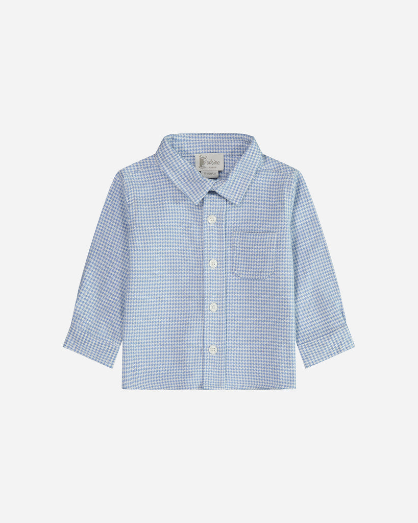 Chemise garçon en coton au motif pied de poule bleu.