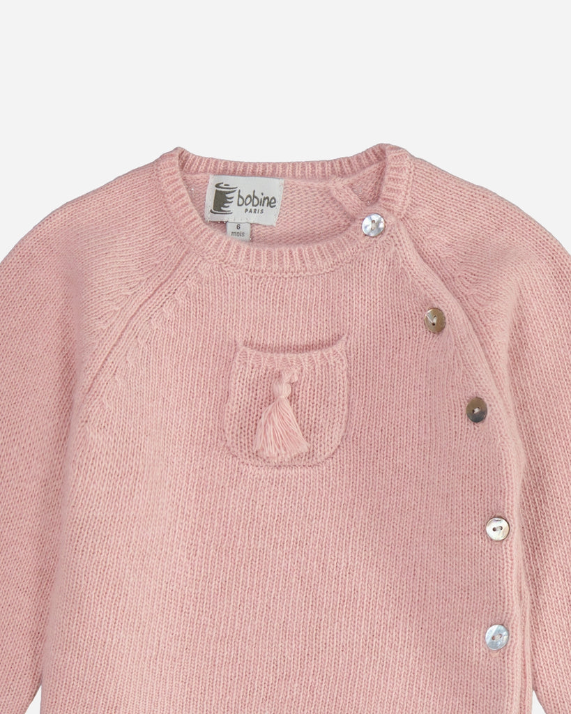 Pull bébé cache-cœur en laine et cachemire rose zoom face