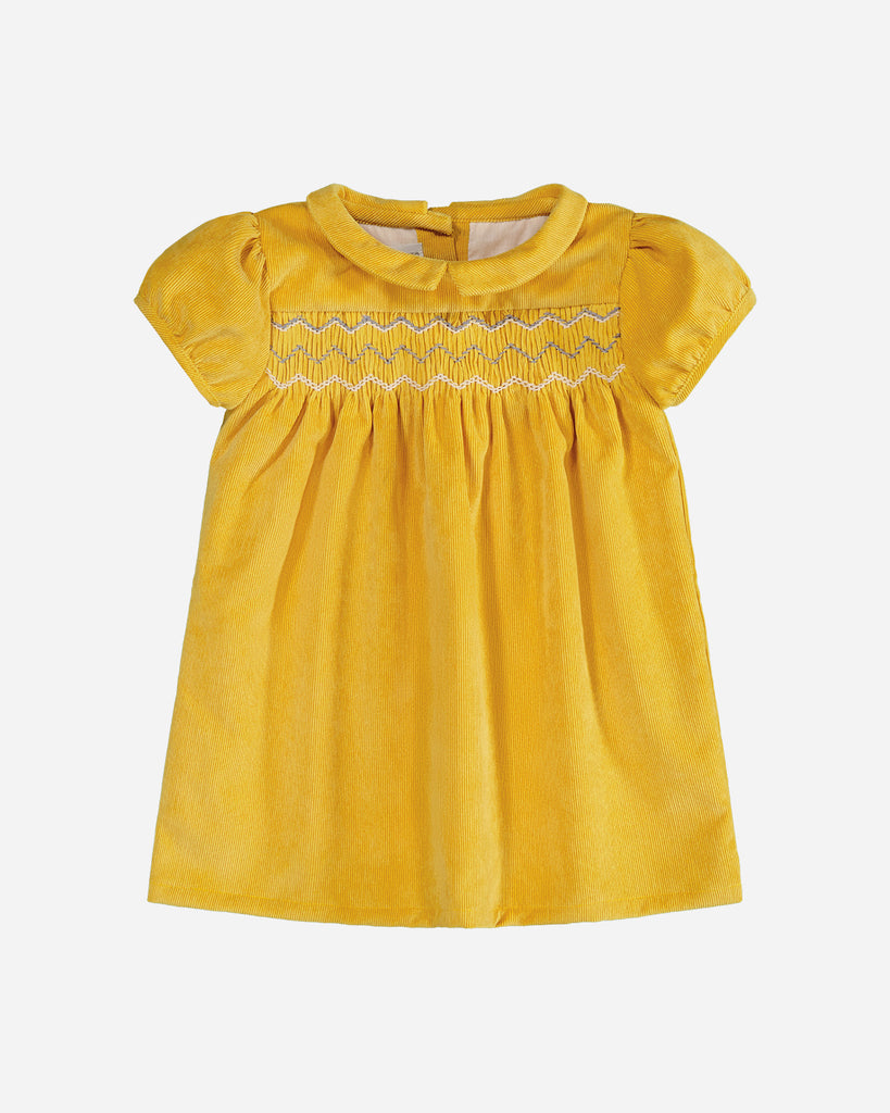 Robe manches courtes velours jaune moutarde.