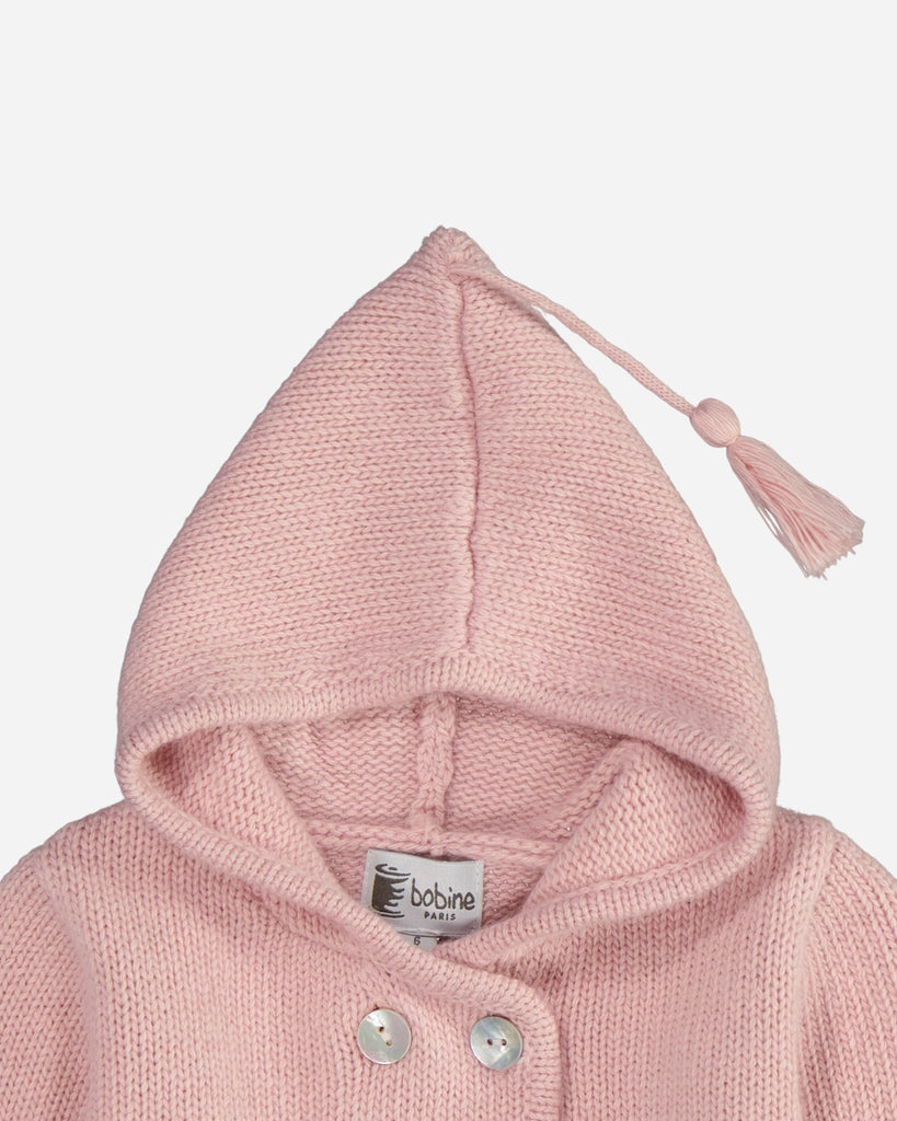 Veste bébé en laine et cachemire à capuche rose zoom face