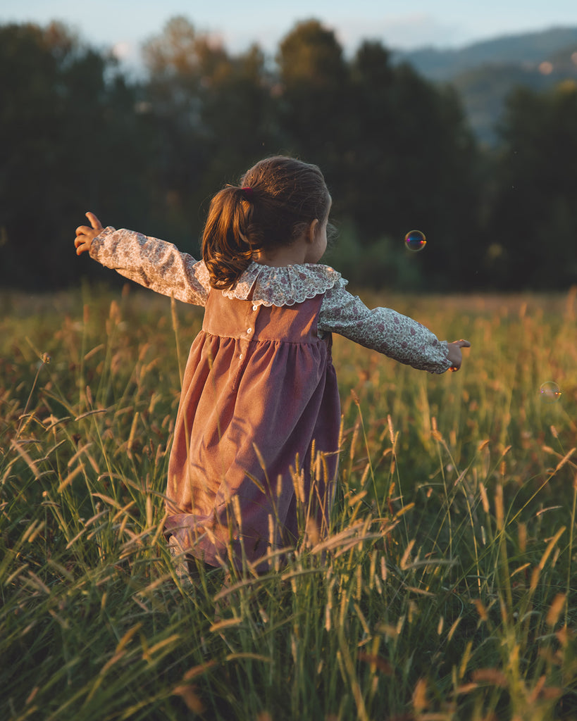 Vue de dos d'une petite fille debout dans un pré vêtue d'une robe en velours mauve avec une chemise fleurie à col volanté.