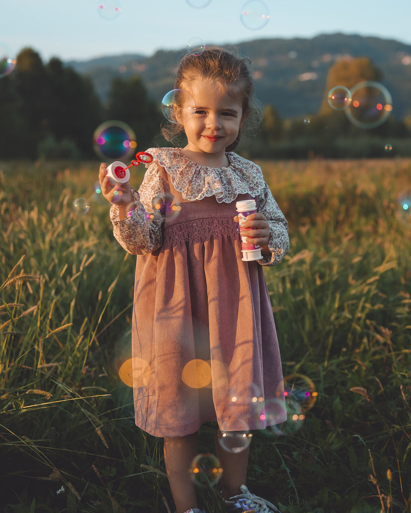 Petite fille debout dans un pré vêtue d'une robe en velours mauve avec une chemise fleurie à col volanté.