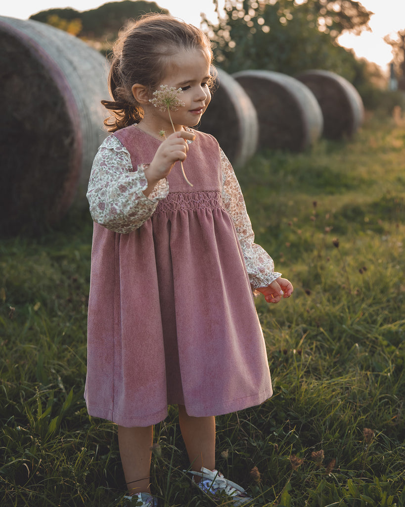 Petite fille debout dans un pré vêtue d'une robe en velours mauve avec une chemise fleurie à col volanté tenant dans sa main un pissenlit.