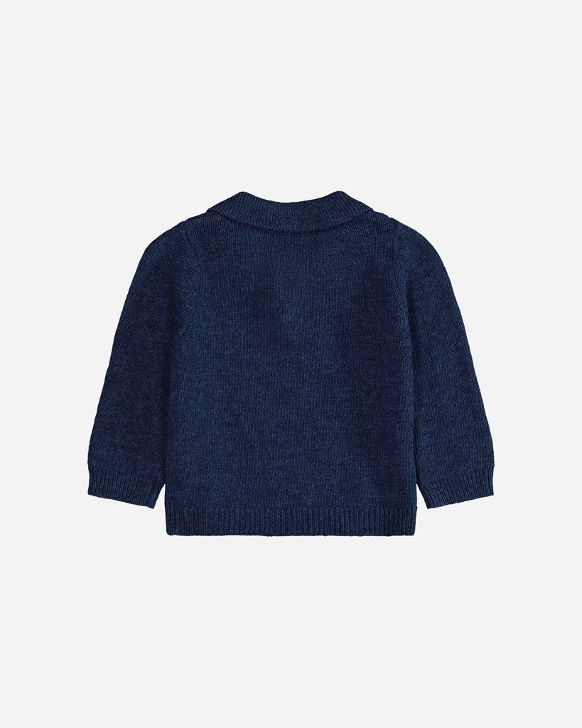 Pull bébé col polo bleu denim dos