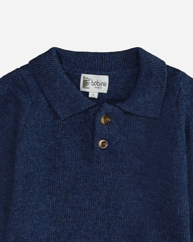 Pull bébé col polo bleu denim zoom