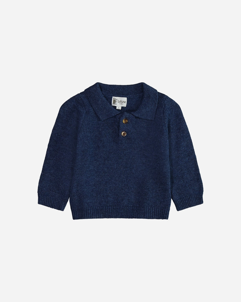 Pull bébé col polo bleu denim